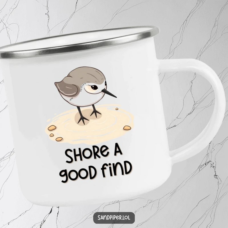 Funny sandpiper camping mug, durable beach bird enamel cup, happy digging, outdoor adventure, great gift.