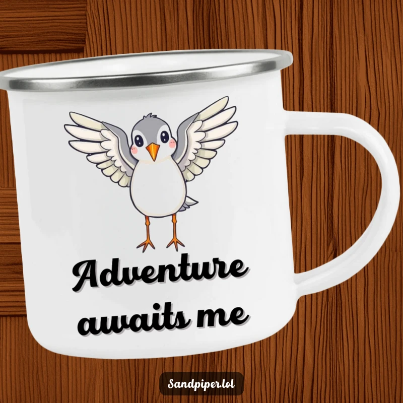 Funny camping mug with a sandpiper with wings spread, appearing ready to fly, perfect for outdoor enthusiasts and humor lovers.