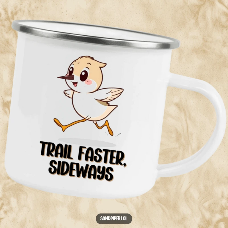 Funny Sandpiper Camping Mug, a durable mug with a cartoon bird running sideways with surprising speed and a happy smile.
