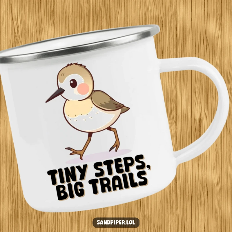 Funny Sandpiper Camping Mug with a busy sandpiper character walking with tiny steps, perfect for outdoor inspiration.