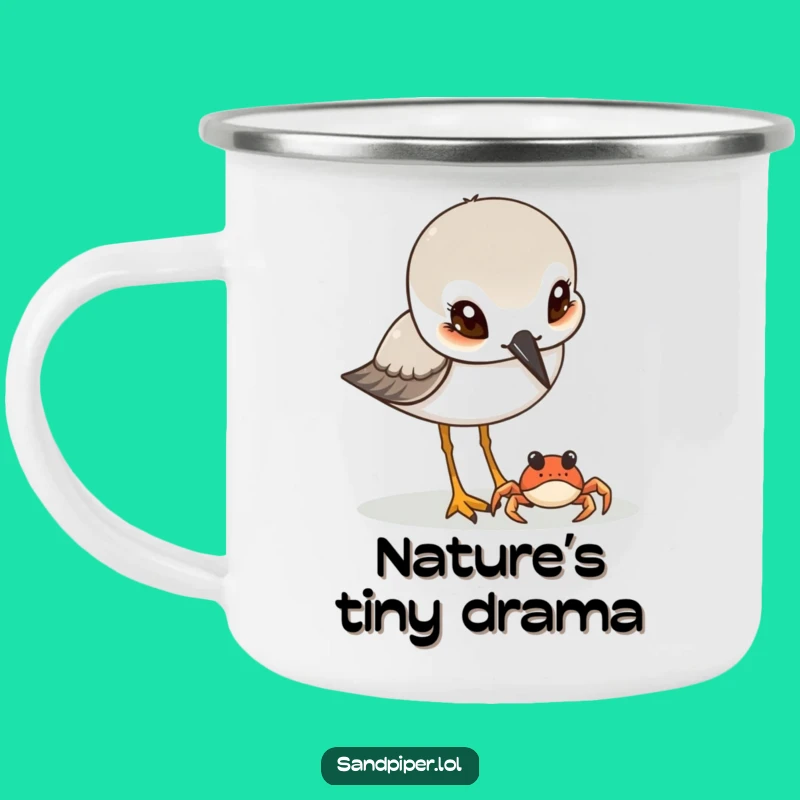Funny Sandpiper & Crab Camping Mug: Outdoor Curiosity, Hilarious Birdie Gift!
