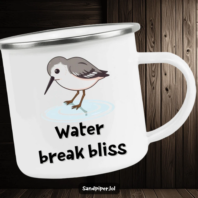 Funny Sandpiper Camping Mug with a bird dipping its beak into water, durable and humorous.