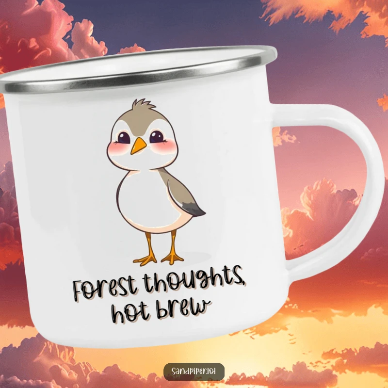 Funny sandpiper camping mug showing a bird tilting its head playfully and curiously, perfect for outdoor enjoyment.