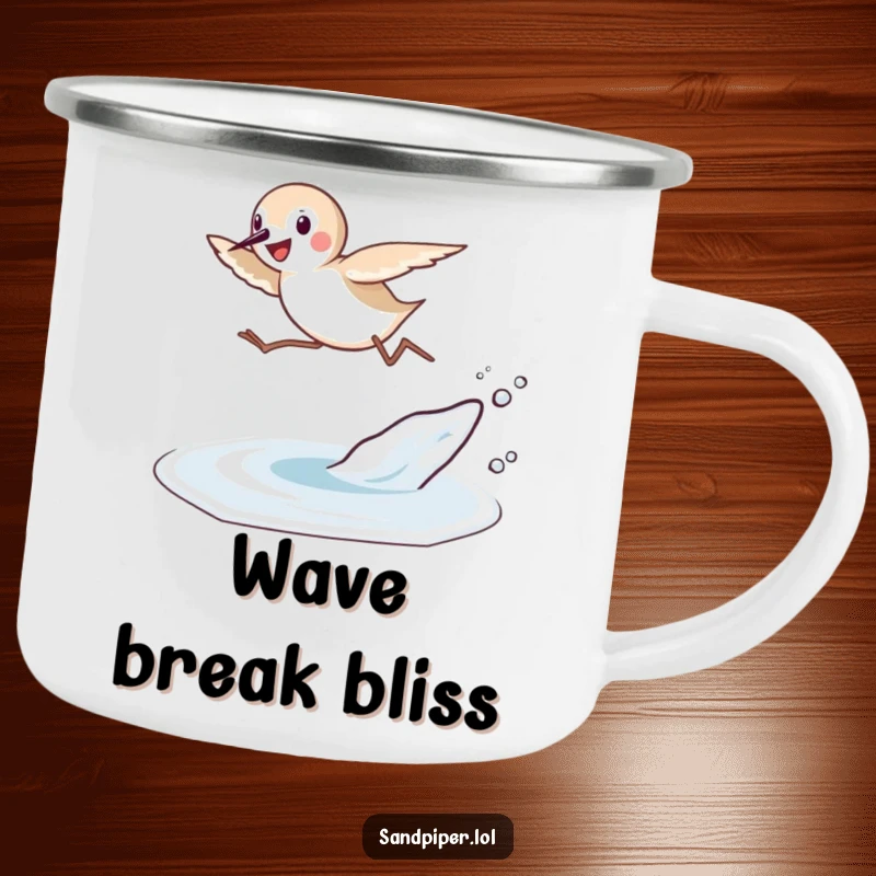 Funny Sandpiper Leap Camping Mug: A sandpiper joyfully leaps over a small wave, ideal for enjoying drinks outdoors.