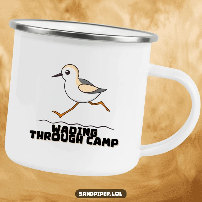 Funny camping mug featuring a sandpiper with long legs running on a wavy line, ideal for outdoor enthusiasts.