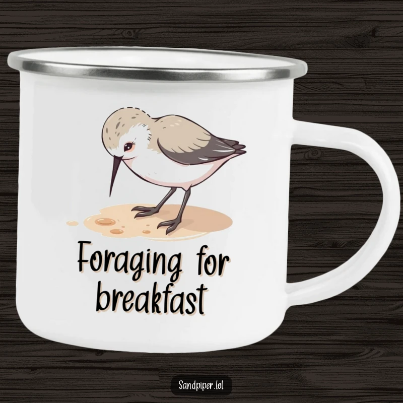 Funny camping mug featuring a cute sandpiper character pecking at the ground with playful curiosity, perfect for curious outdoor enjoyment.
