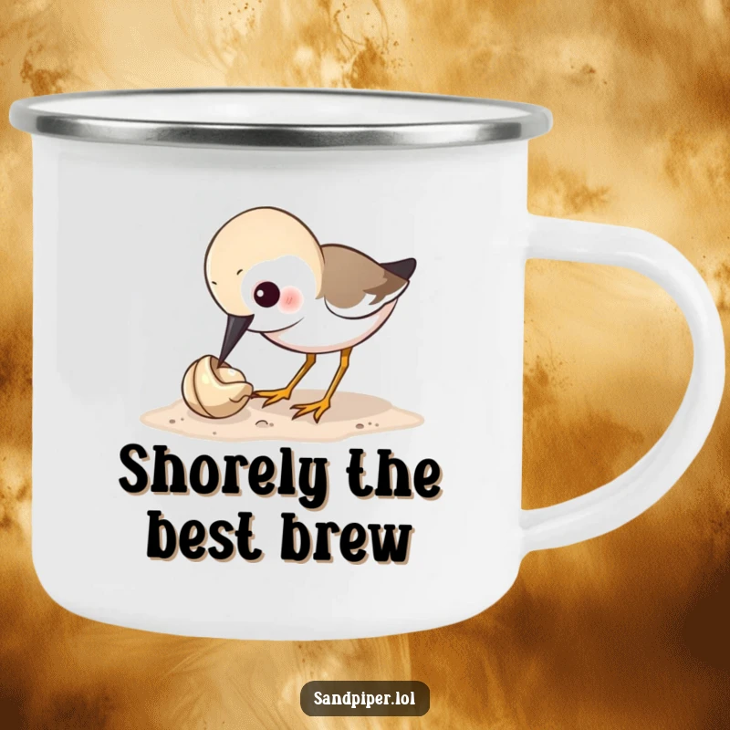Funny sandpiper camping mug depicting a bird humorously pecking a tiny shell, ideal for outdoor adventures and humorous gifts.