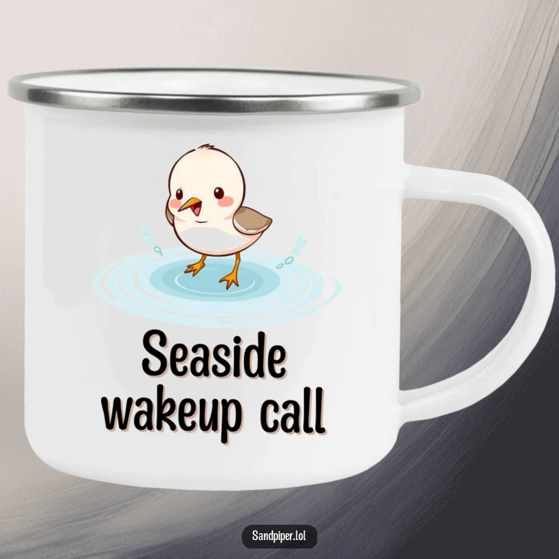 Funny sandpiper camping mug featuring a cute bird character joyfully splashing in water, ideal for outdoor enthusiasts.