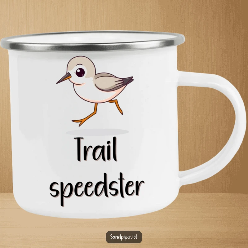 Funny camping mug featuring a cute sandpiper character with characteristic legs striding quickly, perfect for energetic outdoor enjoyment.