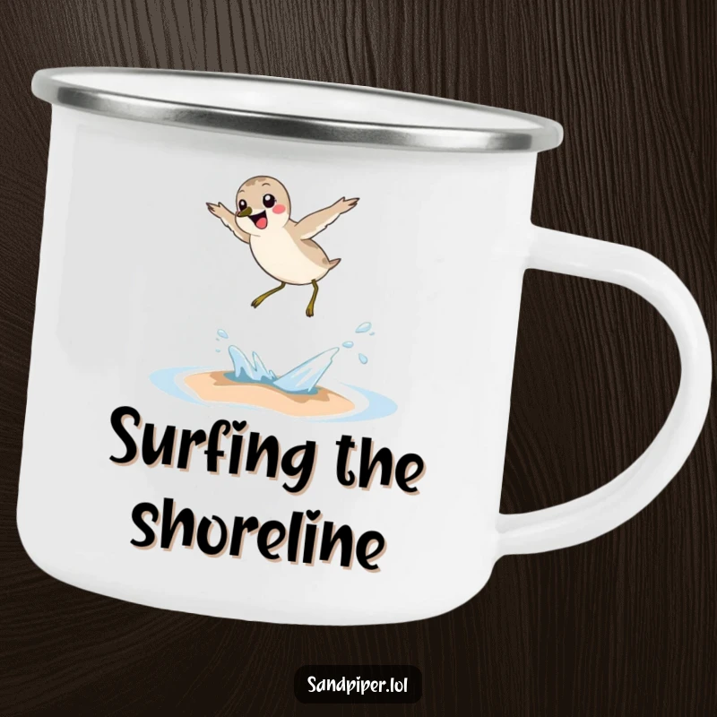 Funny sandpiper camping mug, joyful bird leaping over wave, enamel cup, outdoor adventure, great gift.