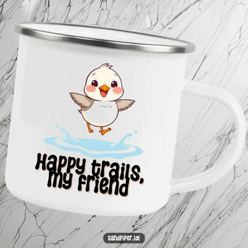 Funny Sandpiper Camping Mug: Sturdy cup featuring a sandpiper joyfully hopping over waves, perfect for cheerful outdoor sipping.