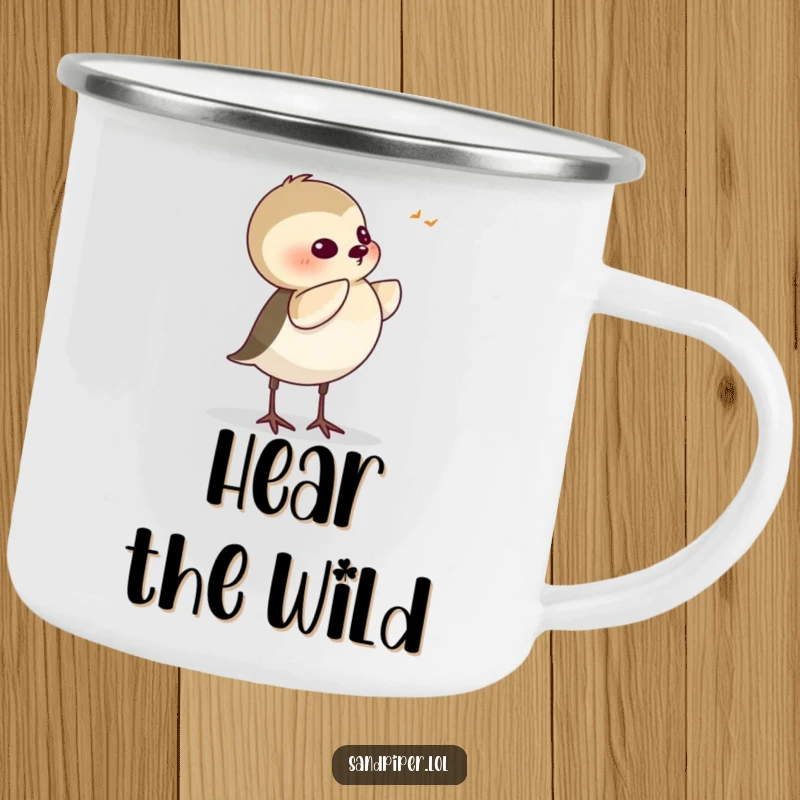 Funny Sandpiper Camping Mug, a durable mug with a cartoon bird tilting its head attentively, as if listening to the wilderness.