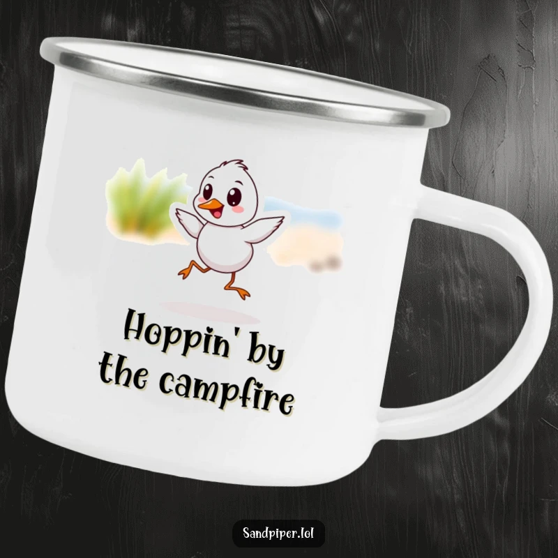 Funny Sandpiper Camping Mug with a cheerful bird doing a lively hop, perfect for outdoor fun.