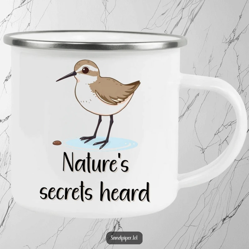 Funny camping mug with a sandpiper tilting its head, listening intently, ideal for outdoor contemplation. A rugged funny gift.