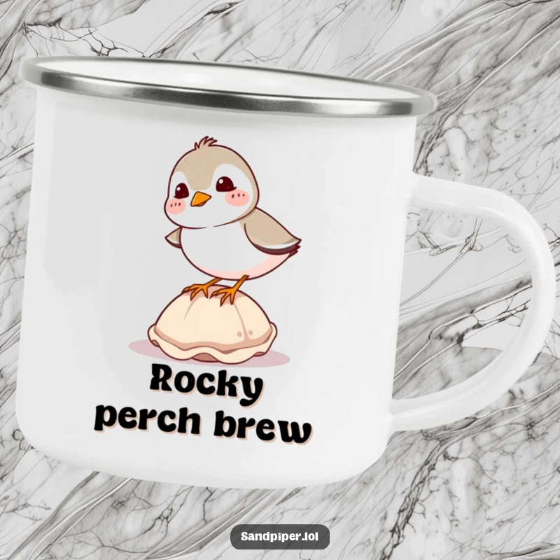 Funny sandpiper camping mug, enamel cup with a giggling bird balancing on a seashell, outdoor humor.
