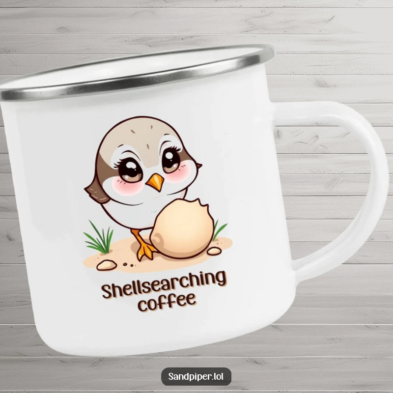 Funny Camping Mug: A sandpiper curiously observes a shell, a fun mug for nature exploration.