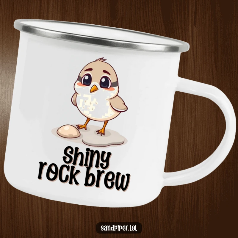 Funny sandpiper camping mug, enamel cup with a surprised bird pecking at a shiny pebble, outdoor humor.