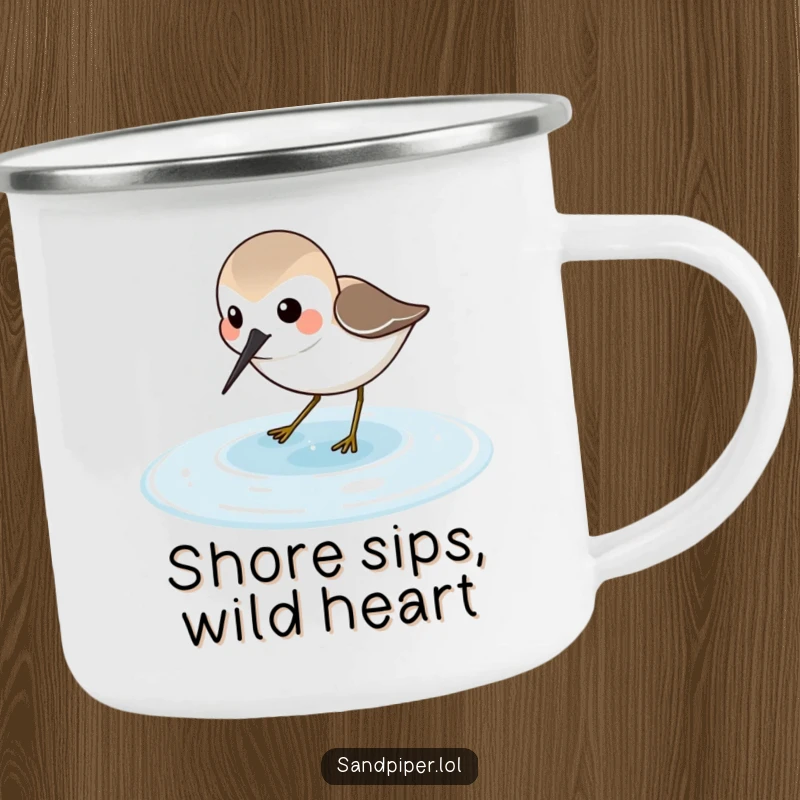 Funny Sandpiper Camping Mug with a joyful sandpiper character probing in shallow water, perfect for outdoor adventures.