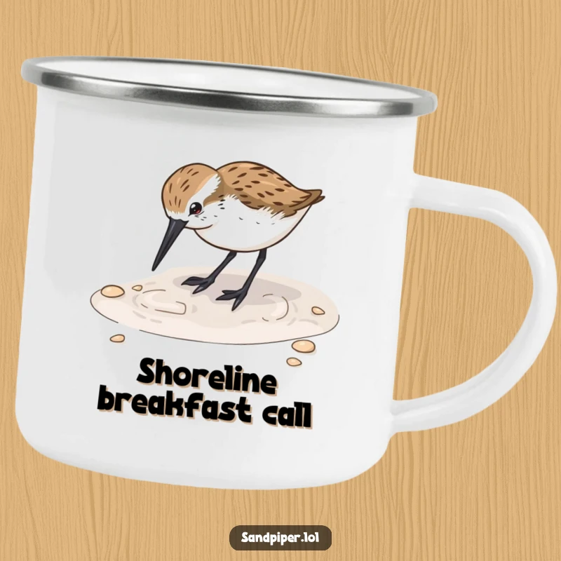 Funny Sandpiper Digging Camping Mug: A sandpiper joyfully digs its beak into wet sand, ideal for enjoying drinks outdoors.