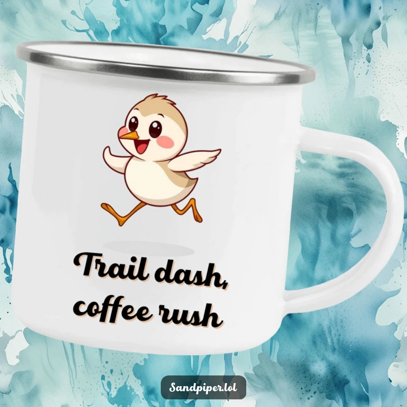 Funny Sandpiper Camping Mug showing a cute bird character in a happy dash, durable for outdoor use and gifting.