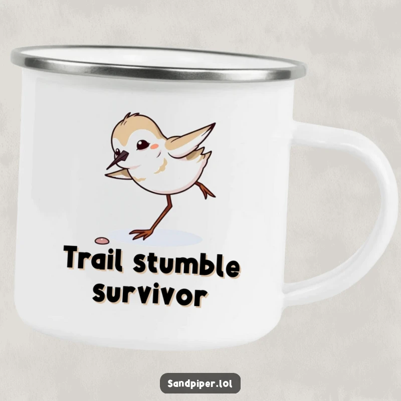 Funny sandpiper comically tripping and balancing, enamel camping mug, durable and humorous outdoor gear.