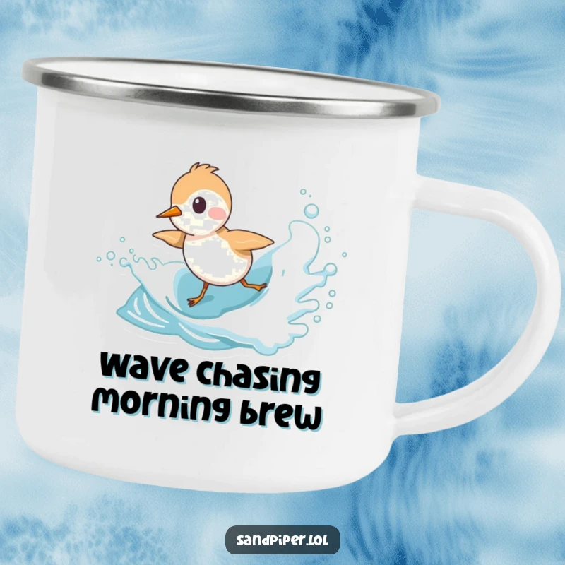 Funny Sandpiper Camping Mug featuring a cute bird character playfully chasing a frothy wave, durable for outdoor fun.