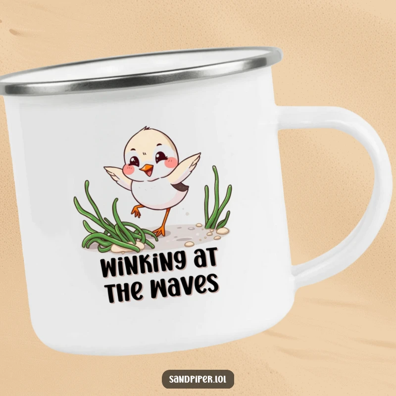 Funny Camping Mug: Playful sandpiper with mischievous grin winks while darting around seaweed, for outdoor fun.