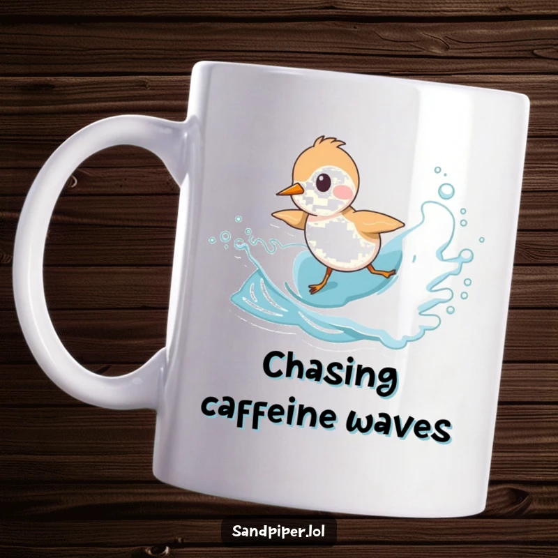 Funny Sandpiper Mug showing a cute bird character playfully pursuing a frothy ocean wave, capturing seaside fun.