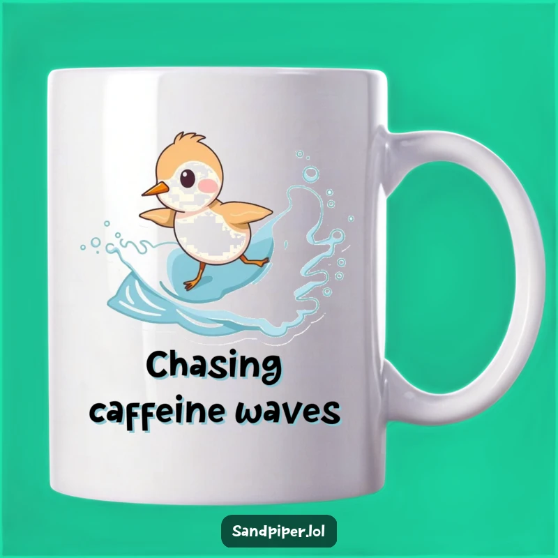 Funny Sandpiper Wave Mug: Playful Bird Chasing Surf, Perfect Funny Gift for Beach Lovers