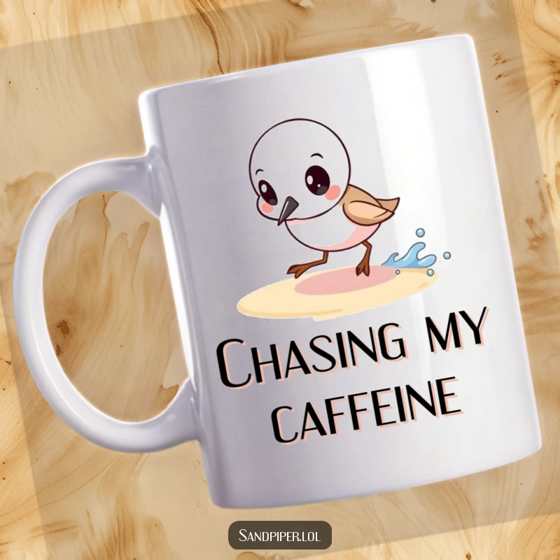 Funny mug showing a sandpiper with a determined expression, actively chasing a miniature wave with focus and ambition.