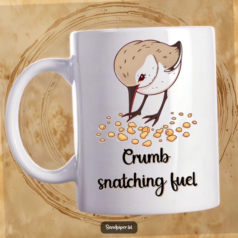 Funny Sandpiper Mug showing a bird energetically pecking at scattered crumbs, capturing a moment of focused, humorous foraging.