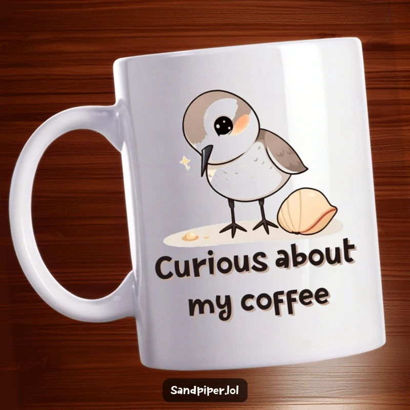 Funny Sandpiper Mug: Cute bird character tilting its head curiously while pecking at a shell on the beach, showing gentle exploration.