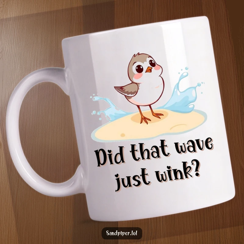 Funny Surprised Sandpiper Mug: A sandpiper looks shocked as a wave splashes nearby, bringing ocean humor.