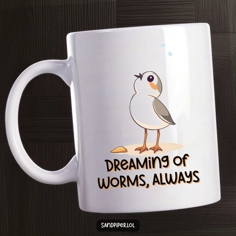 Funny Sandpiper Mug: A bird gazing skyward with wide-eyed wonder, embodying pure joy and curiosity.