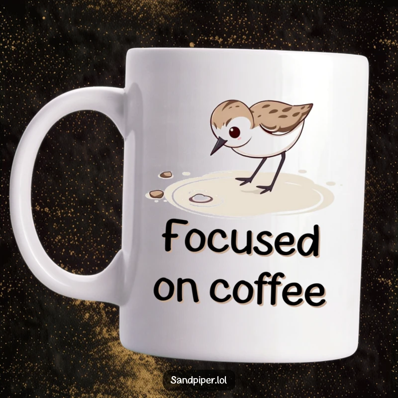 Funny Mug: Determined sandpiper with focused expression vigorously probes wet sand, showcasing dedication.