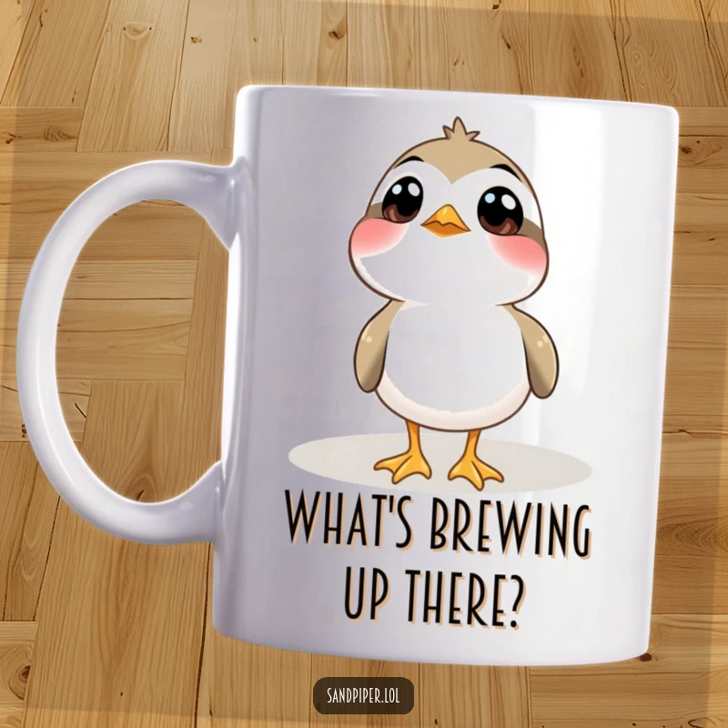 Funny Mug: A sandpiper bird gazes upwards with large, curious, wide-open eyes, full of wonder.