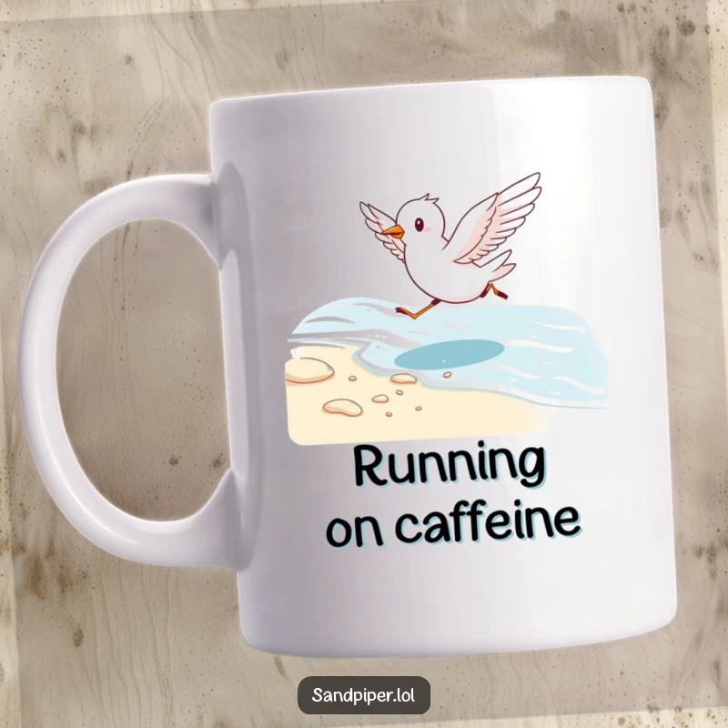 Funny mug depicting a cute bird energetically running along a shoreline with wings outstretched, full of beachy joy.