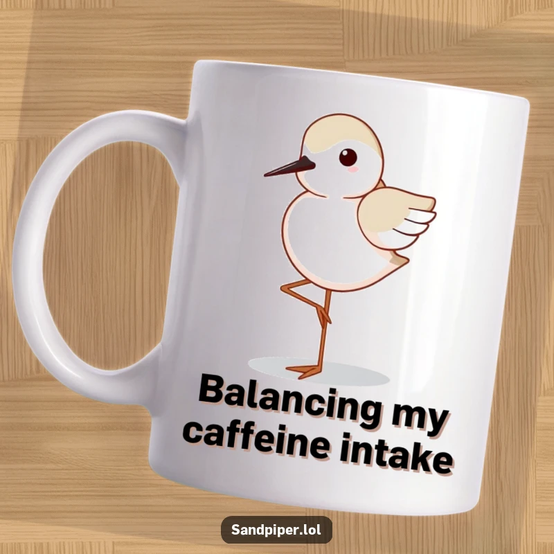 Funny Sandpiper Mug: Cute bird character standing gracefully on one leg with wings tucked, showcasing perfect balance and poise.