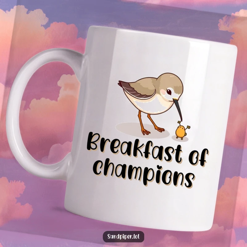 Funny mug showing a sandpiper playfully pecking at a tiny imaginary bug on the ground, full of playful focus. A perfect funny gift.