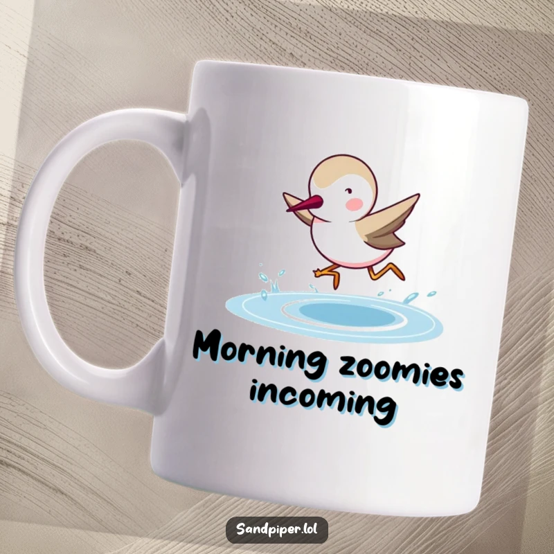 Funny Sandpiper Mug: A determined sandpiper sprints joyfully towards the ocean waves, embodying pure, energetic fun.