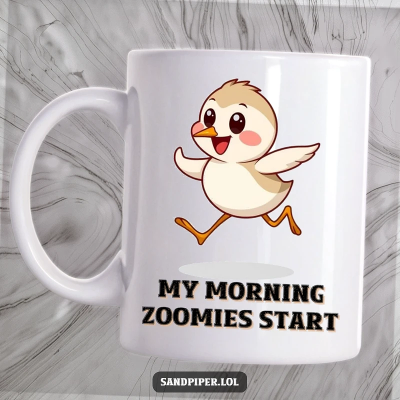 Funny Sandpiper Mug featuring a cute, energetic bird character in a happy, quick dashing pose, perfect for bird enthusiasts.
