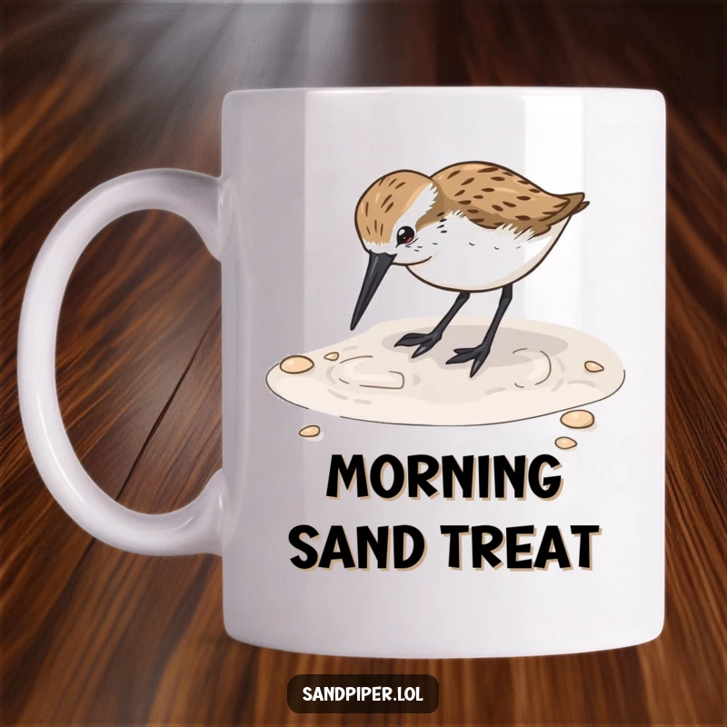 Funny Sandpiper Digging Mug: An adorable sandpiper happily plunges its beak into wet sand, capturing a moment of pure joy.