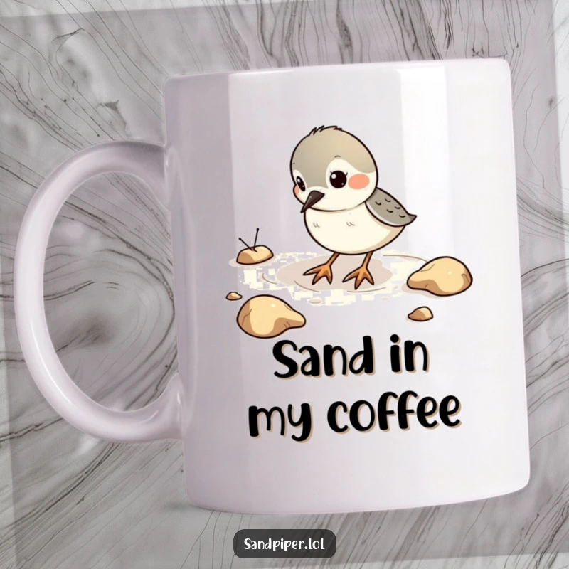 Funny Mug featuring a sandpiper bird playfully digging in imaginary sand, conveying lightheartedness and beach fun.