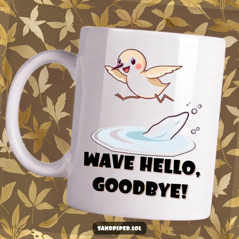 Funny Sandpiper Leap Mug: An energetic sandpiper takes a joyful leap over a small, playful wave on the beach.