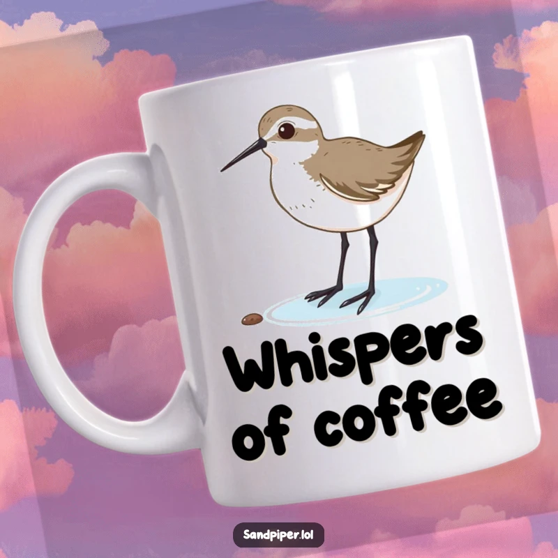 Funny mug showing a sandpiper with its head tilted, listening intently to something unseen, conveying focused attention. A perfect funny gift.