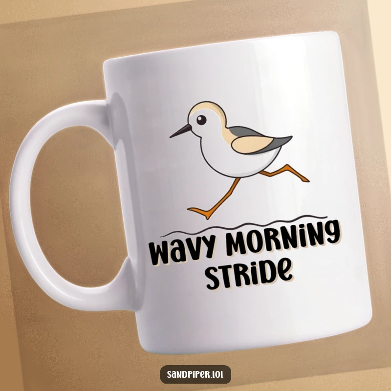 Funny mug featuring a sandpiper with comically long legs running on a wavy line, conveying speed and playful energy.
