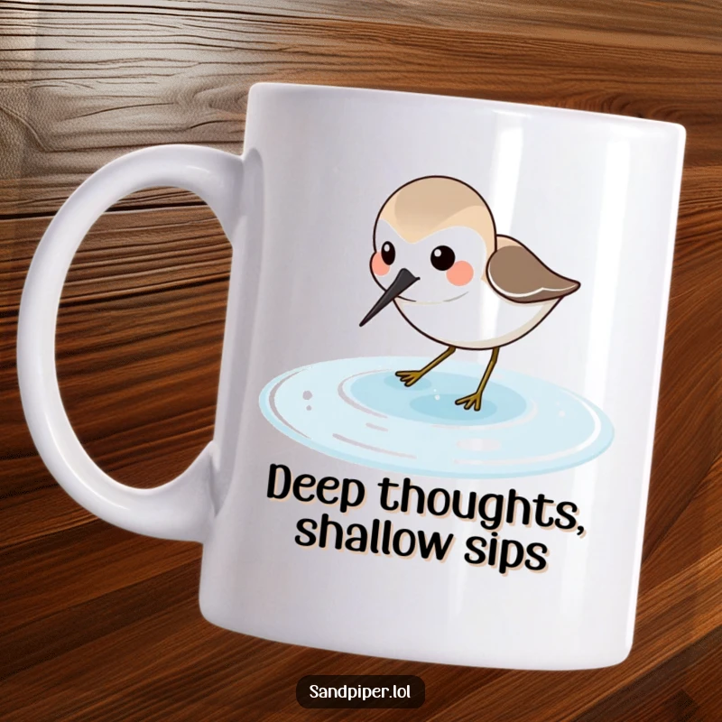 Funny Sandpiper Mug featuring a joyful sandpiper character happily probing in shallow water, ideal for bird watchers and beach lovers.