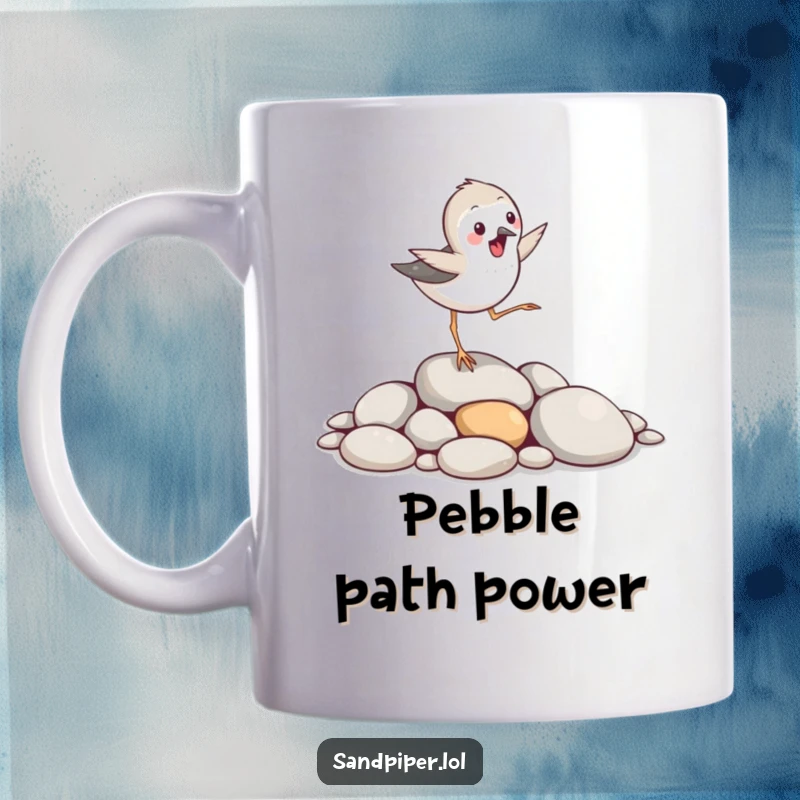 Funny sandpiper bird mug, hopping excitedly over smooth pebbles, beach life, energetic funny gift.