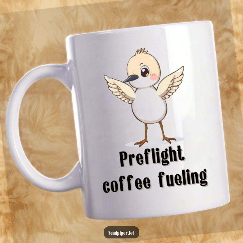 Funny Sandpiper Mug, a cartoon bird with wings slightly raised, looking poised and ready to take flight, inspiring and amusing.
