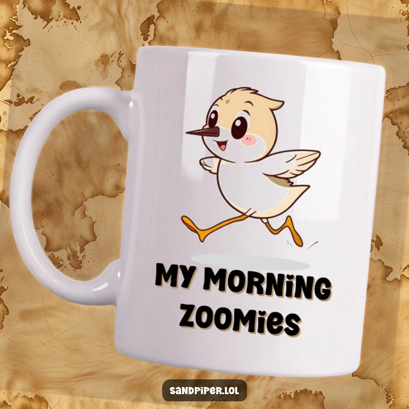 Funny Sandpiper Mug, a cartoon bird running sideways with surprising speed and a wide smile, perfect for coffee lovers.